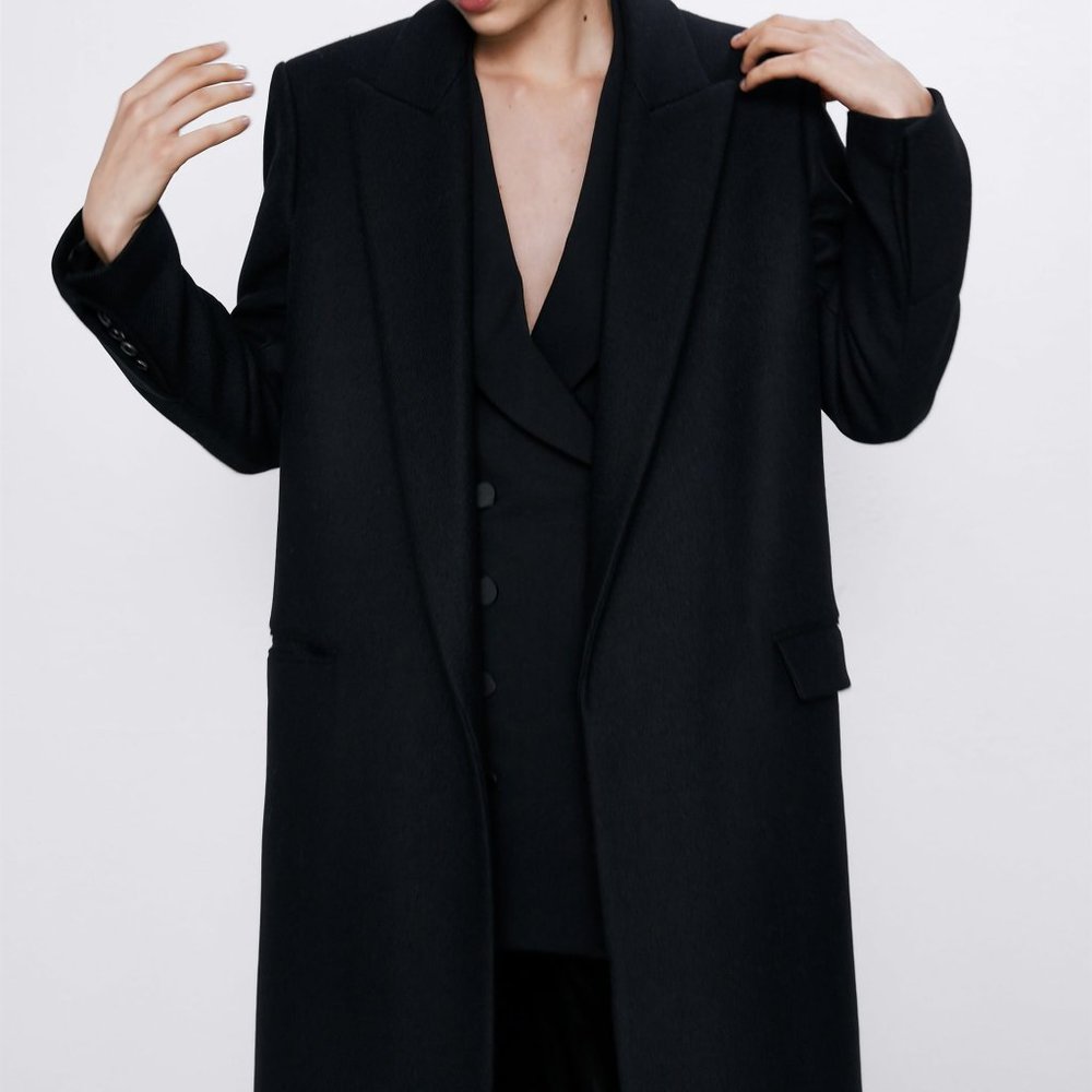 ZARA NEW LONG COAT WOOL BLEND BLACK - Size M
